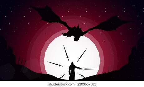 sword mage fighting dragon at night. wizard swordsman background. witch on the moon. knight with swords against dragon. knight with swords fighting dragon at night. full moon illustration background