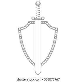 Sword and metal shield. Vector isolated on white background