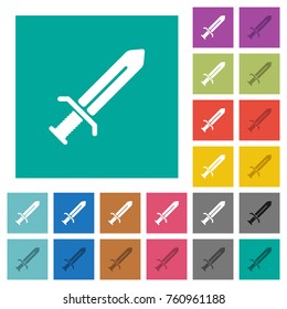 Sword multi colored flat icons on plain square backgrounds. Included white and darker icon variations for hover or active effects.