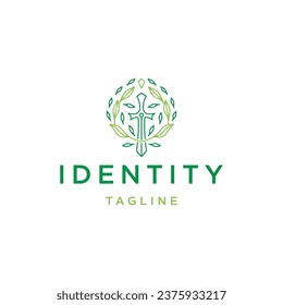 Sword nature leaf with line art style logo design template flat vector