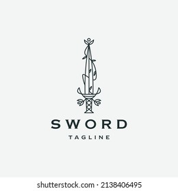 Sword nature leaf line logo icon design template