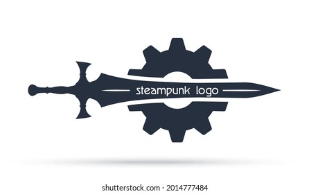 Espada sobre el fondo del engranaje. Gran espada de dos manos y rueda cognitiva. Logo de Steampunk. Ilustración del vector