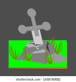 sword on the rock, with background grey and grass