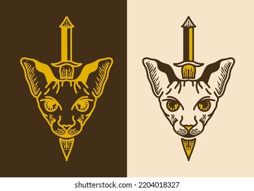 Sword on sphynx cat head vintage retro line art design