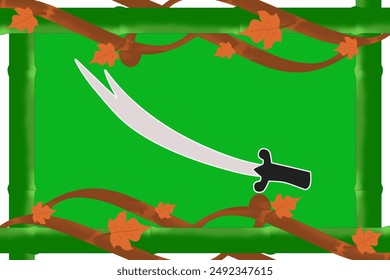 A sword once wielded by the best man on earth, with a bamboo frame and green background.