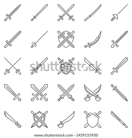 Sword outline concept icons set. Crossed swords, katana and shield vector symbols in thin line style