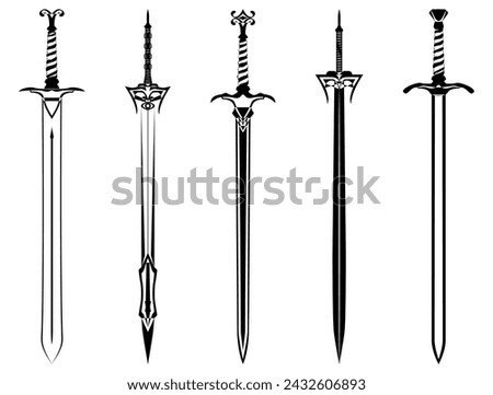 Sword outline SET. Ancient Longsword. Saber. Blade Tattoo. Vector illustration isolated on white background.