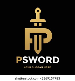 Letra P de espada o plantilla de logotipo vectorial de número. Este logo usa oro. Adecuado para negocios