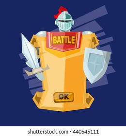 Sword and paper with ok or start button. knight and fairy tales concept - vector illustration