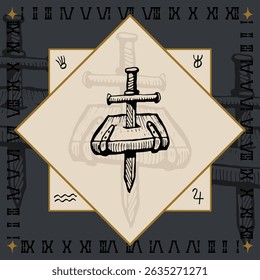sword passes through book alchemical symbol design engraving vector illustration in vintage old medieval style