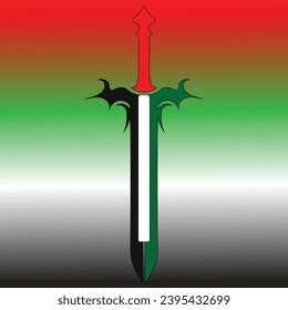 a sword patterned with the colors of the Palestinian flag