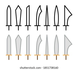 Sword pictogram set. Simple outline ancient weapon icons. Vector symbols