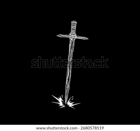 Sword pierced into the ground with rough sketch lines, dark gothic illustration for tattoo, metal band, and fantasy artwork design