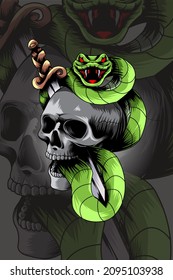 Sword pierced skull with snake vector illustration
