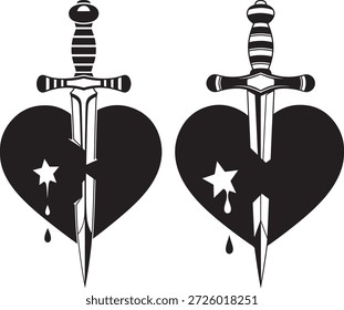 Espada penetrando el corazón. Corazón roto con daga. Vector gráfico en blanco y negro.