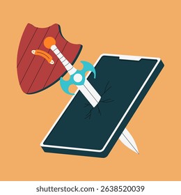A sword piercing a smartphone while a shield rests beside it symbolizes breaking free from digital dependency