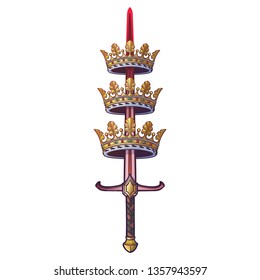 A sword piercing tree crowns. Medieval gothic style concept art. Design element. Brightly colored drawing. EPS10 vector illustration