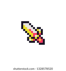 Sword pixel art icon. Design for logo, stickers, web, mobile app, badges and patches. Isolated on black background vector illustration. 8-bit sprite.