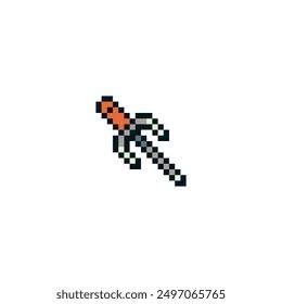 Espada, ícono de estilo de arte de píxeles, armas medievalistas, Ilustración vectorial aislada. Diseño para la etiqueta engomada, el App móvil y el logotipo. Activos del juego 8-bit sprite.