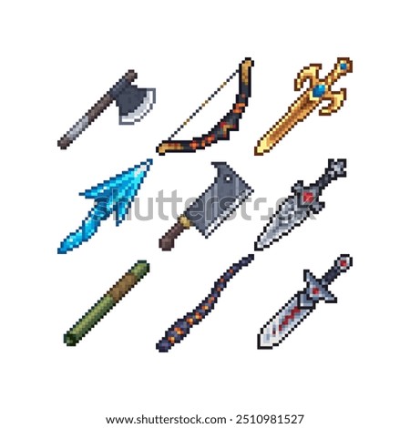 Sword, pixel art style icon, medievalist weapons, isolated vector illustration. Design for sticker, mobile app and logo. Game assets 8-bit sprite.
