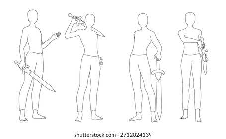 Sword Pose Outlines in Clean Line Art for Character Design