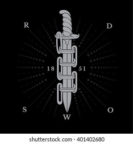 Sword pushed through rings of chain with abstract rays white on black background
