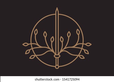 The sword and the rays of the sun, and the leaves of the trees. logo or coat of arms design