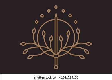 The sword and the rays of the sun, and the leaves of the trees. logo or coat of arms design