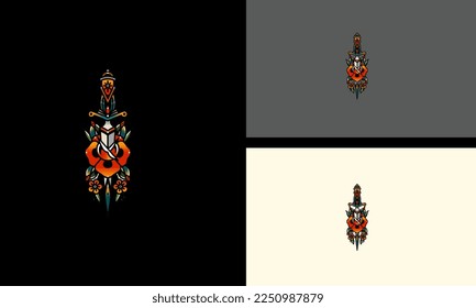 sword and red rose flowers vector tattoo design