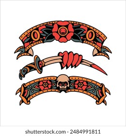 sword and ribbon tattoo vector design