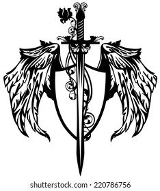 sword with rose flower and winged shield design - black and white vector emblem
