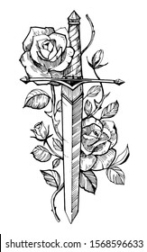 Sword Roses Tattoo Sketch Hand Drawn Stock Vector (Royalty Free ...