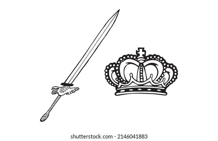 Espada y corona real - poder rey y protección diseño de vectores en blanco y negro