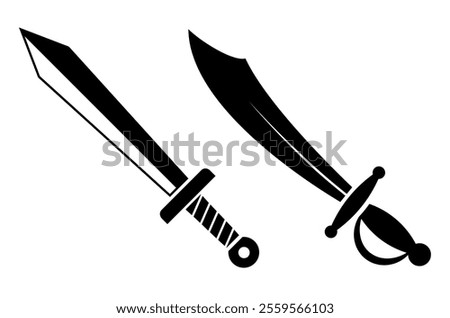 Sword and saber vector icon, old weapon symbols isolated on white background. Simple flat illustrations of sharp blade pictograms, abstract military web design elements.