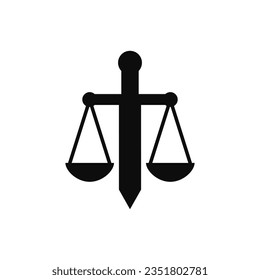 Sword and scales together. Vector silhouette on empty clean white background.
