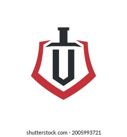 The sword in the shape of a V is located on the shield. Sprockets, guards, Coat of arms of the Middle Ages and war. Vector illustration. flat style.