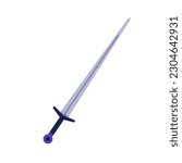 Sword, sharp blade and handle. Old medieval metal steel weapon, long knife, sabre. Ancient military knights armor, longsword. Flat vector illustration isolated on white background