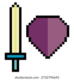 Espada e escudo em 8 bits retro pixel art estilo.