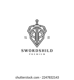 sword and shield armor logo design with line art style