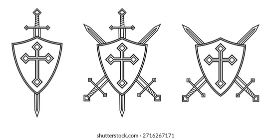 Sword and shield with cross set. Crossed swords and heraldic crest collection. Christianity and crusade knight symbol sign. Vector illlustration image.