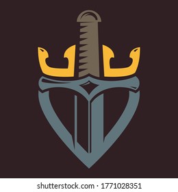 Schwert, Schild und Krone. Abstrakte mittelalterliche Komposition einzeln auf schwarzem Hintergrund. Vorlage für Logo, Etikett, Emblem, Badge. Vektorgrafik.