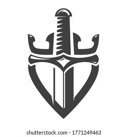 Sword, shield and crown. Abstract medieval composition isolated on white background. Template for logo, label, emblem, badge. Vector illustration.