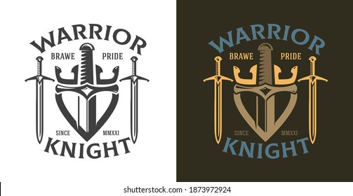 Sword, shield and crown. Abstract medieval composition isolated on simple background. Color and monochrome template for logo, label, emblem, badge. Vector illustration.