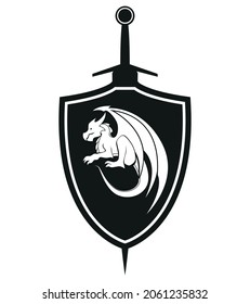 sword and shield with dragon symbol, black and white vector illustration, isolated on white background