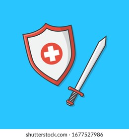Sword And Shield To Fight Disease Vector Icon Illustration. Health Or Medical Flat Icon Concept
