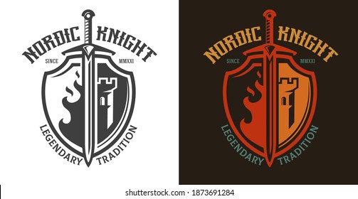 Sword and shield with fire and tower. Abstract medieval composition isolated on simple background. Color and monochrome template for logo, label, emblem, badge. Vector illustration.