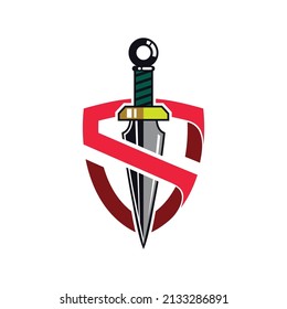 Diseño de logotipo plano de espadas y escudos