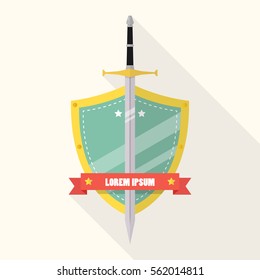 Sword and shield flat style badge icon with long shadow