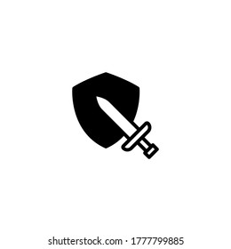 Sword and shield icon in black flat glyph, filled style isolated on white background