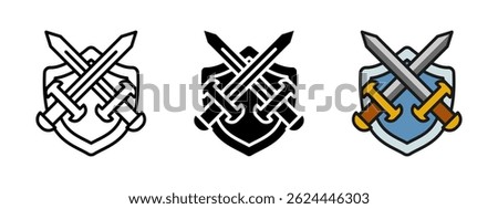 Sword and shield icon. Crossed swords over classic heraldic shield vector illustration. Medieval battle and protection emblem. Fantasy combat symbol for RPG games, military badges or security branding